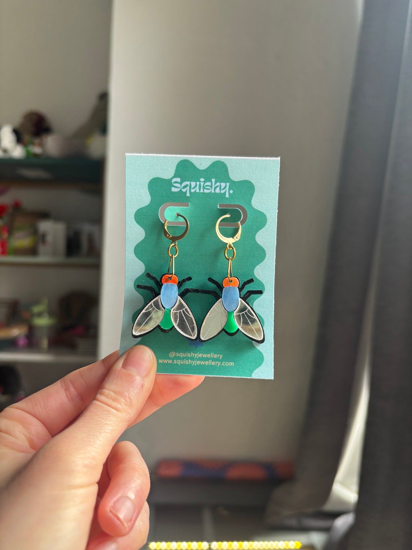 Multicolor Silver Acrylic Fly Earrings: Whimsigoth Bug Statement Huggie Hoops Gifts for Nerds Medium Size