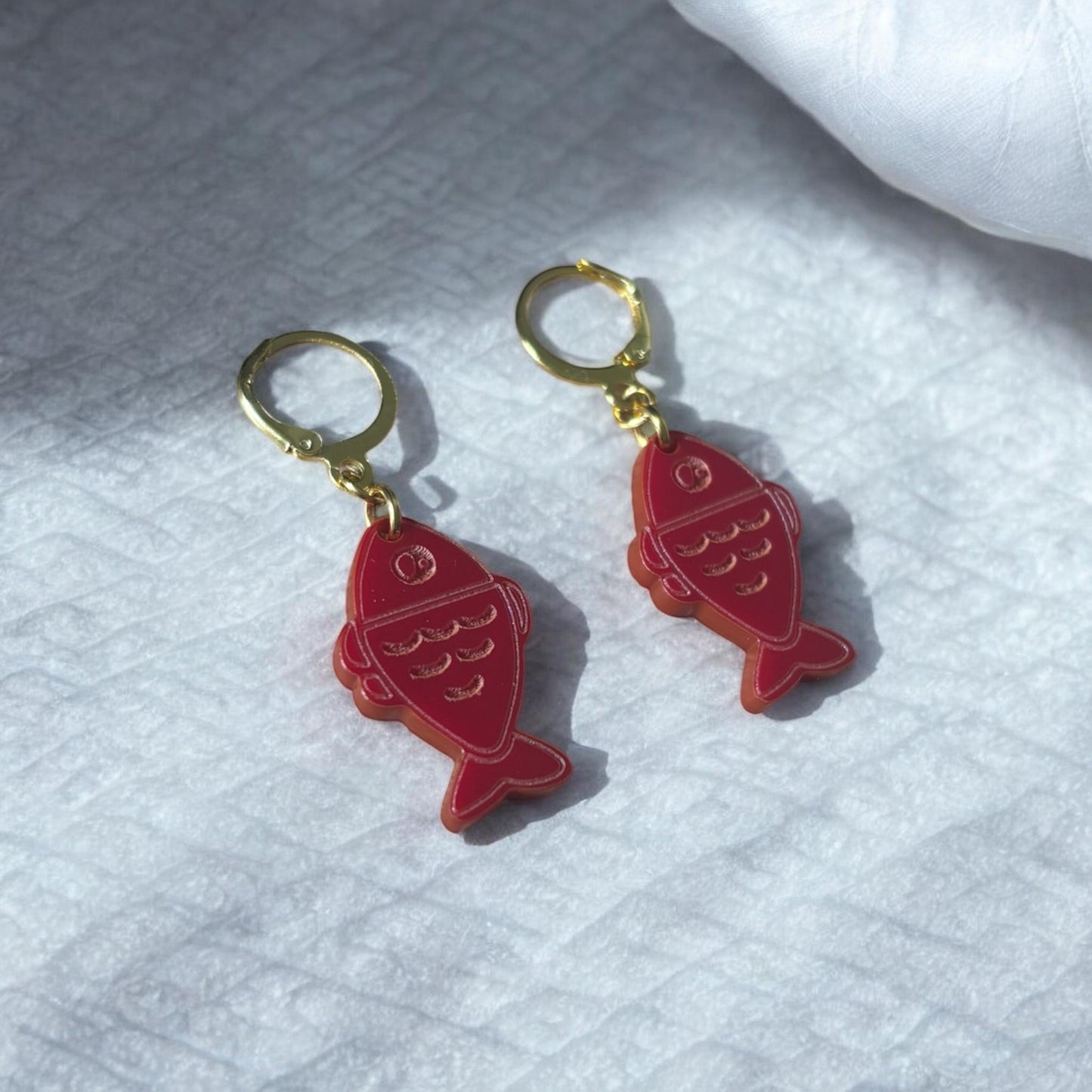 Red Fish Acrylic Earrings on Gold Huggie Hoops