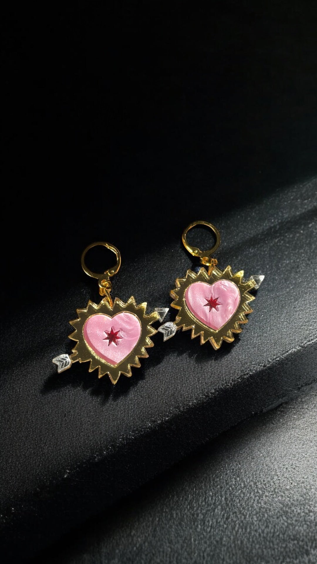 Pink Sacred Heart Earrings – Gold-Plated Huggie Hoops with Arrow Detail