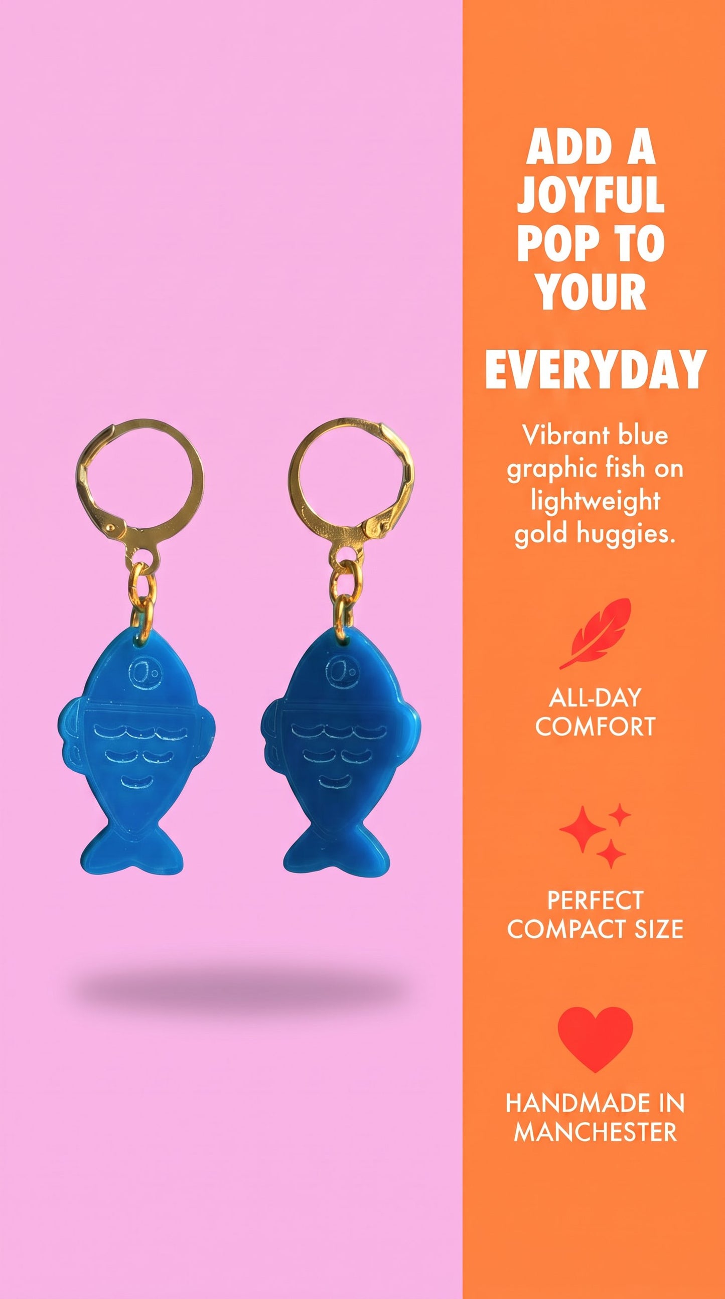 Blue Fish Acrylic Earrings on Gold Huggie Hoops