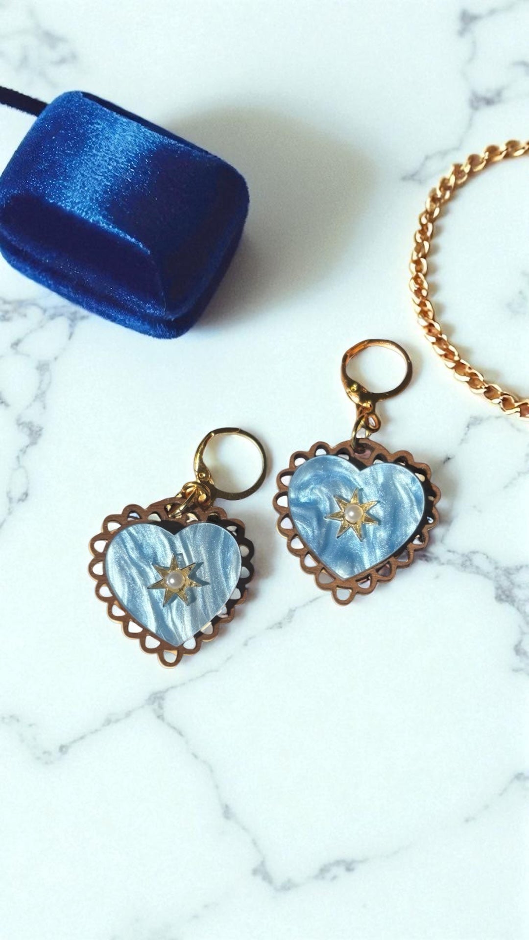 Rococo Blue Heart Earrings with Walnut Backing & Gold Star Detail – Acrylic Hoop Jewellery