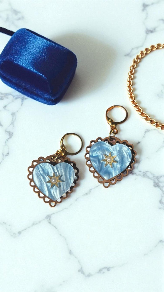 Rococo Blue Heart Earrings with Walnut Backing & Gold Star Detail – Acrylic Hoop Jewellery