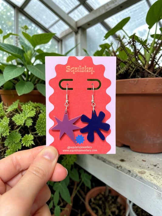 Purple and Navy Kiki & Bouba Earrings – Abstract Art Statement Jewellery