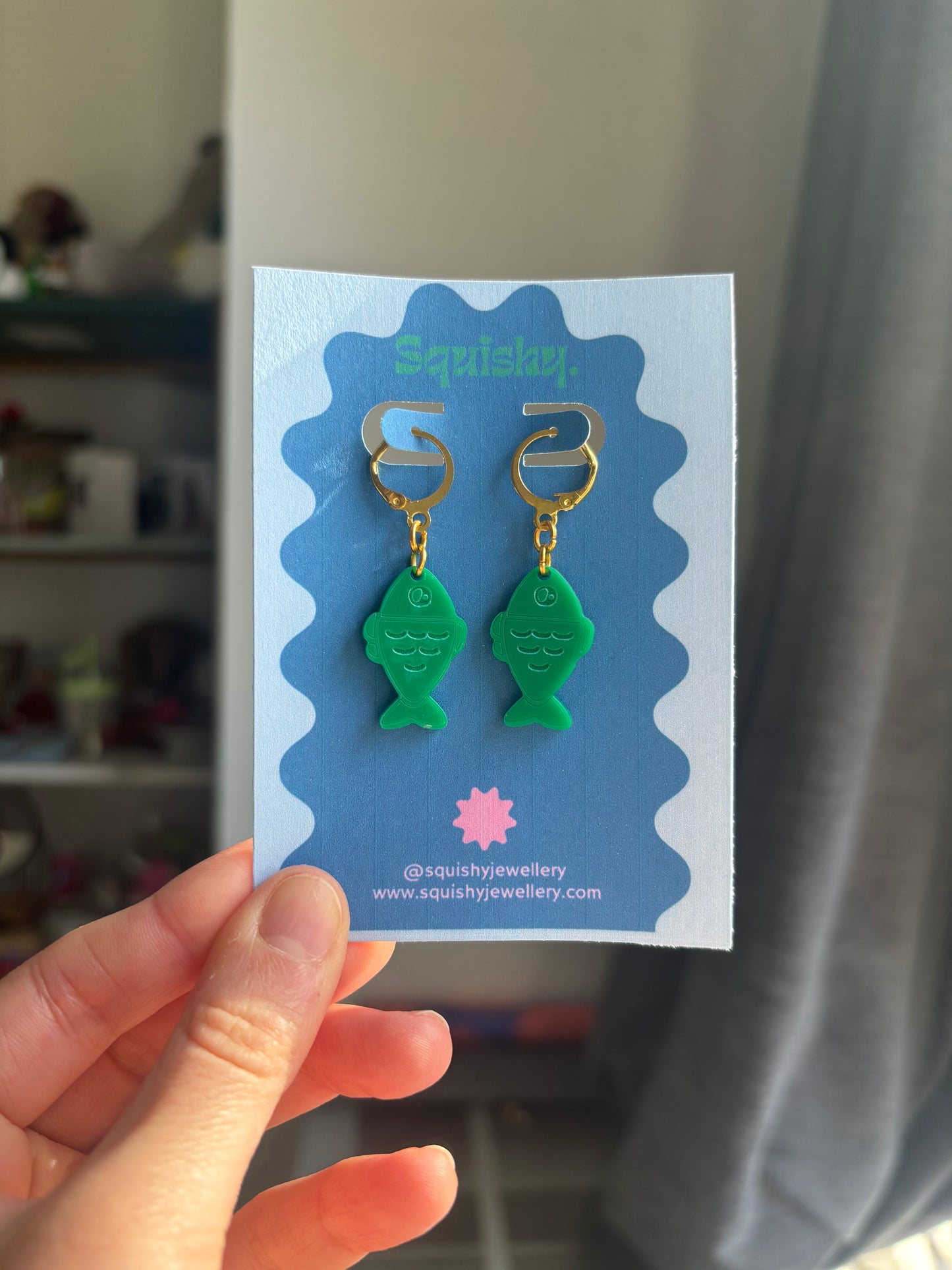 Green Fish Acrylic Earrings on Gold Huggie Hoops