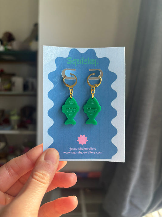 Green Fish Acrylic Earrings on Gold Huggie Hoops