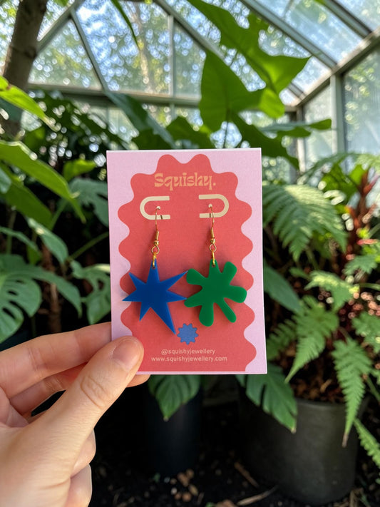 Blue and Green Kiki & Bouba Earrings – Abstract Art Statement Jewellery