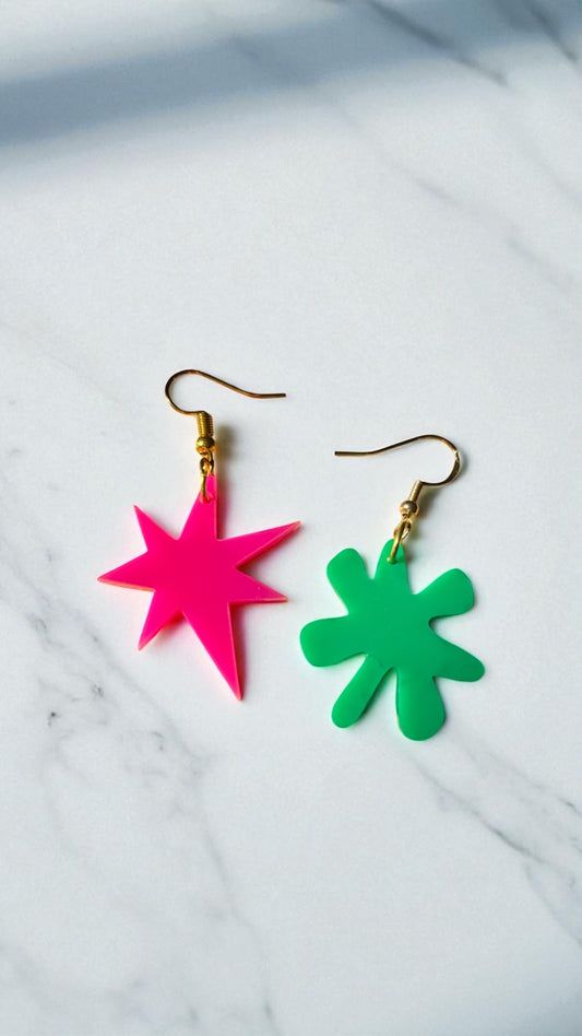 Pink and Green Kiki Bouba Earrings Linguistics Inspired Abstract Acrylic Cognitive Science Jewelry Mismatched Statement Gifts Memphis Milano
