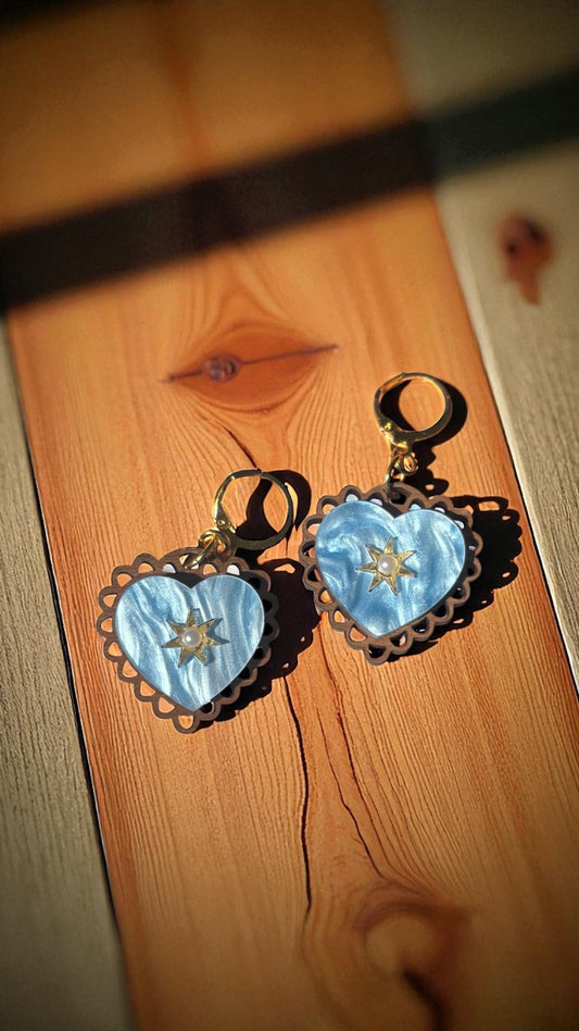 Rococo Blue Heart Earrings with Walnut Backing & Gold Star Detail – Acrylic Hoop Jewellery