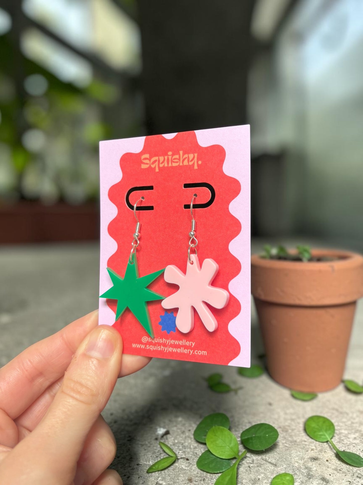 Light Pink and Green Kiki & Bouba Earrings – Abstract Art Statement Jewellery