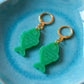 Green Fish Acrylic Earrings on Gold Huggie Hoops