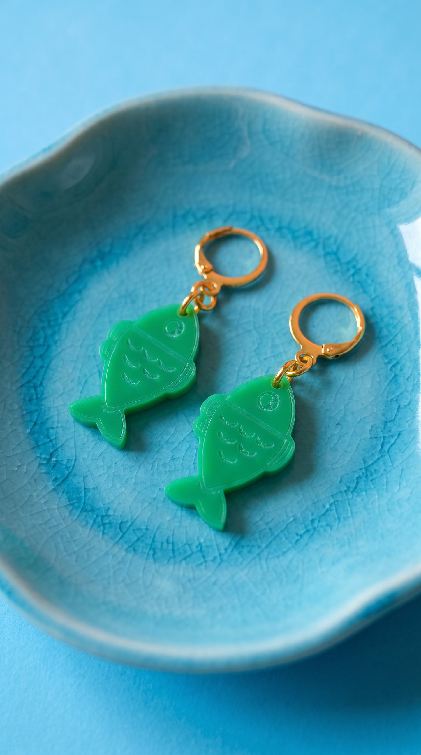 Green Fish Acrylic Earrings on Gold Huggie Hoops
