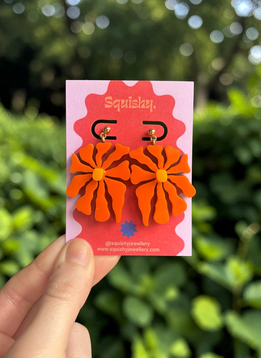 Orange Floral Statement Earrings – Matisse Inspired Acrylic Flower Earrings UK Handmade