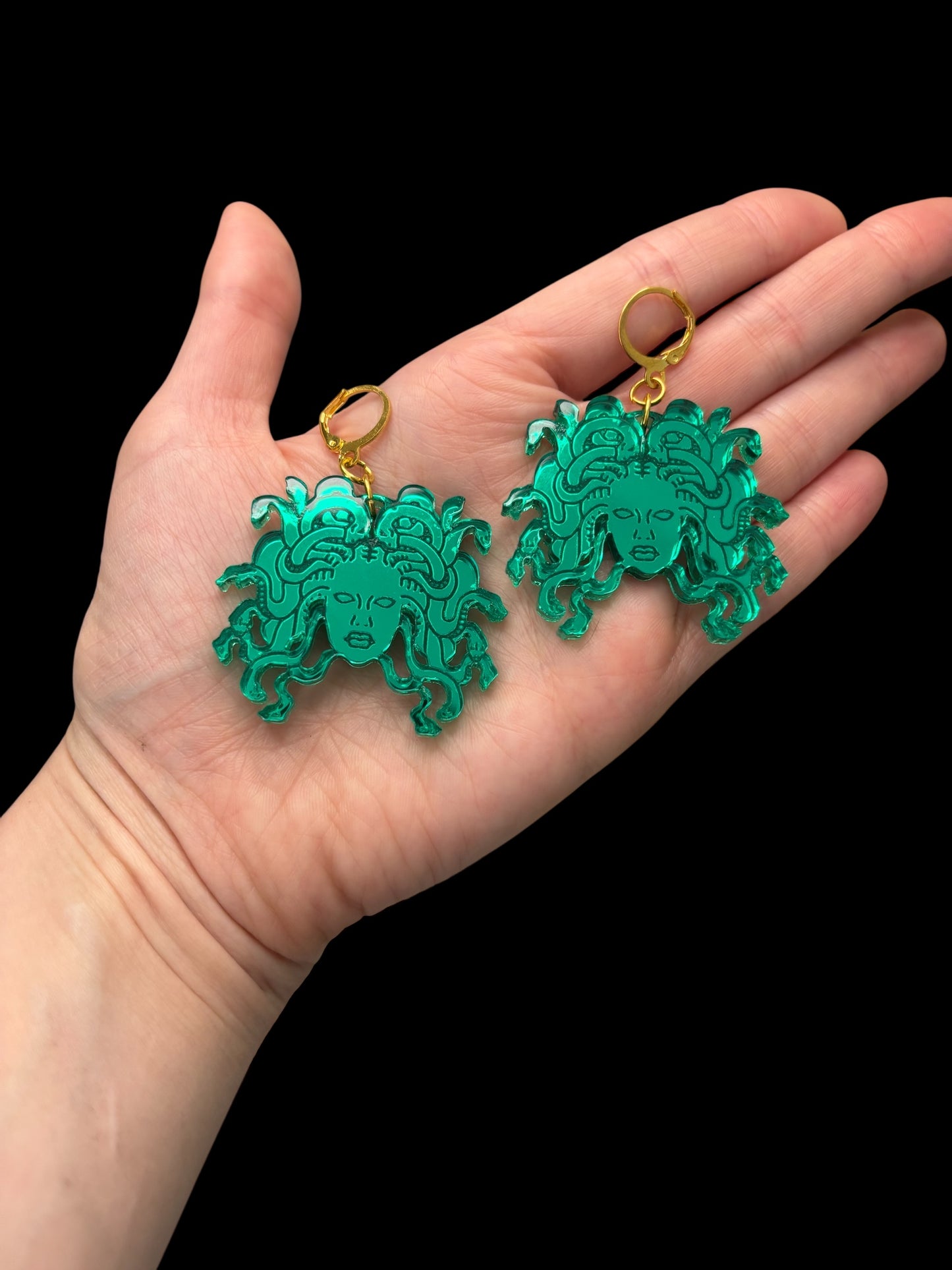 Green Medusa Earrings Mirrored Acrylic Medusa Head Hoops Mythic Statement Jewellery Goth Alt Fashion Ancient Greece, Classics Witchy Costume