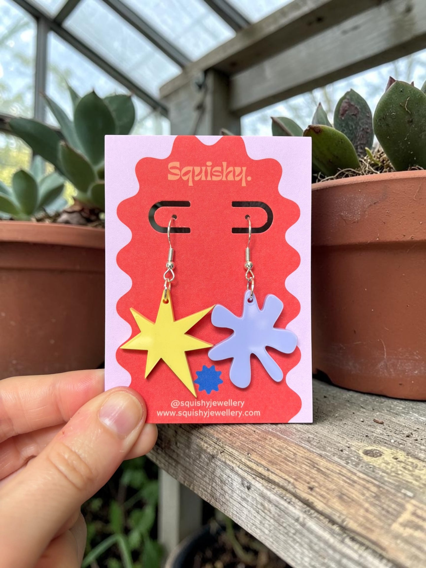 Yellow and Purple Kiki & Bouba Earrings – Abstract Art Statement Jewellery