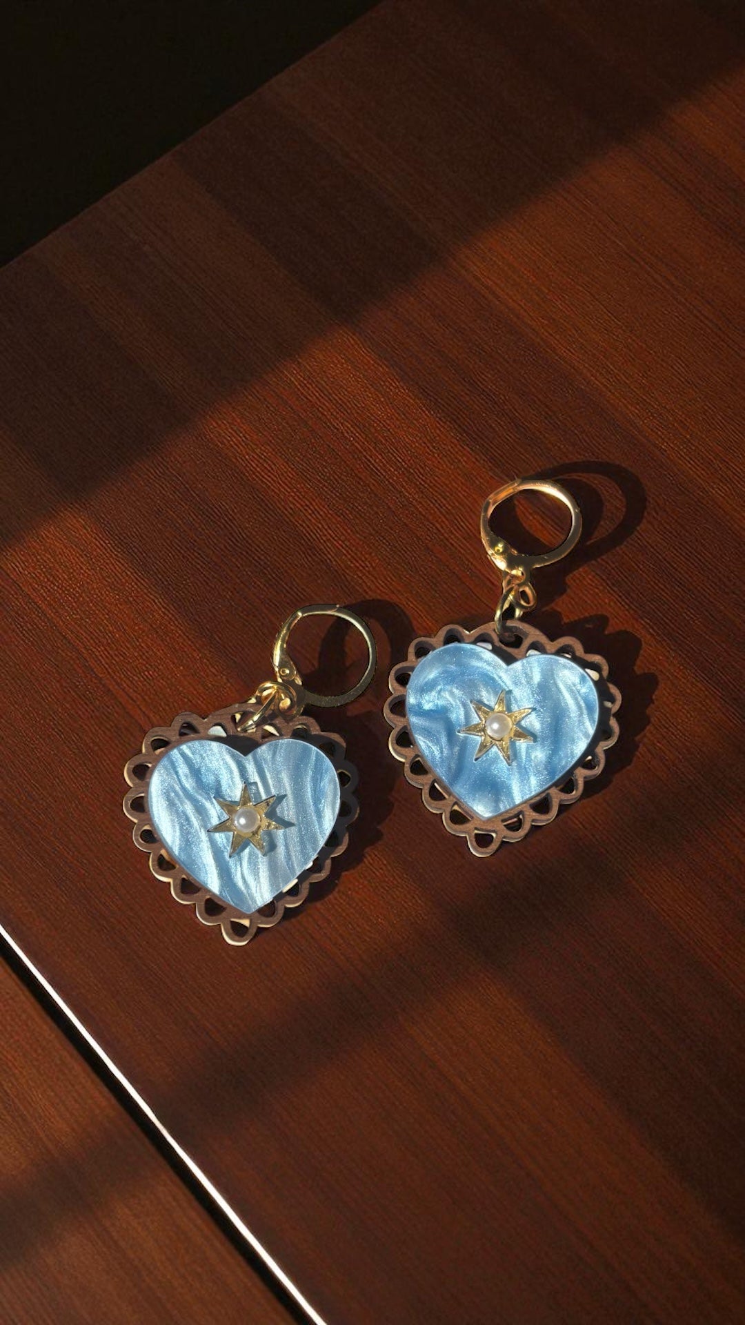Rococo Blue Heart Earrings with Walnut Backing & Gold Star Detail – Acrylic Hoop Jewellery