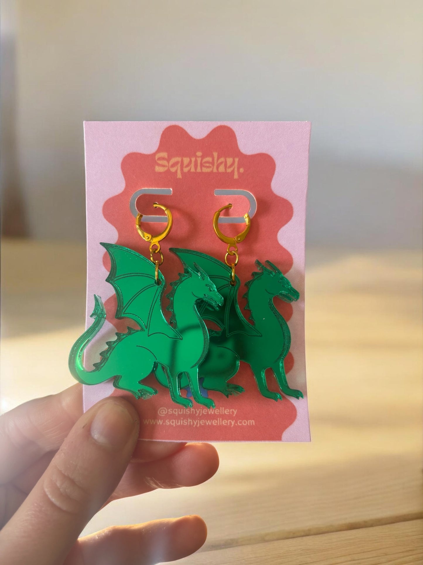 Dragon Earrings – Welsh Inspired Gothic Alt Jewellery, Acrylic Statement Earrings (Red & Green)