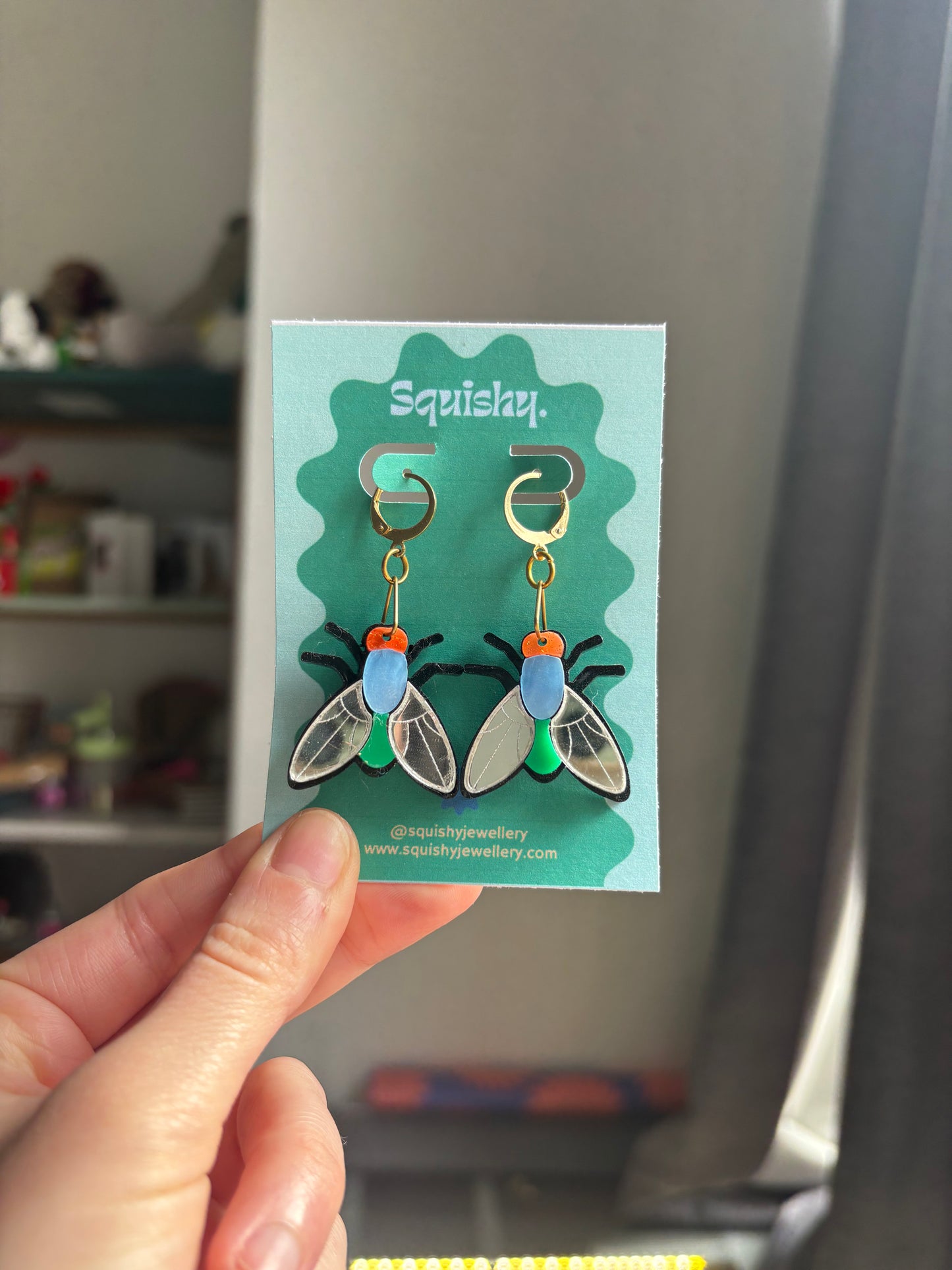 Multicolor Silver Acrylic Fly Earrings: Whimsigoth Bug Statement Huggie Hoops Gifts for Nerds Medium Size