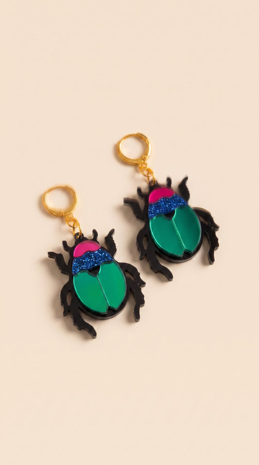 Beetle Statement Earrings – Acrylic Scarab Insect Earrings on Gold Plated Huggie Hoops