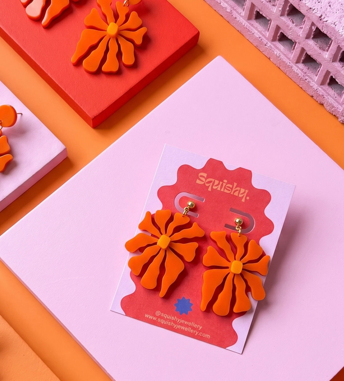 Matisse Inspired Abstract Floral Earrings – Orange Wearable Art Statement Jewellery