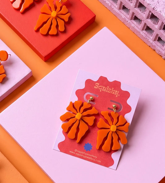 Matisse Inspired Abstract Floral Earrings – Orange Wearable Art Statement Jewellery