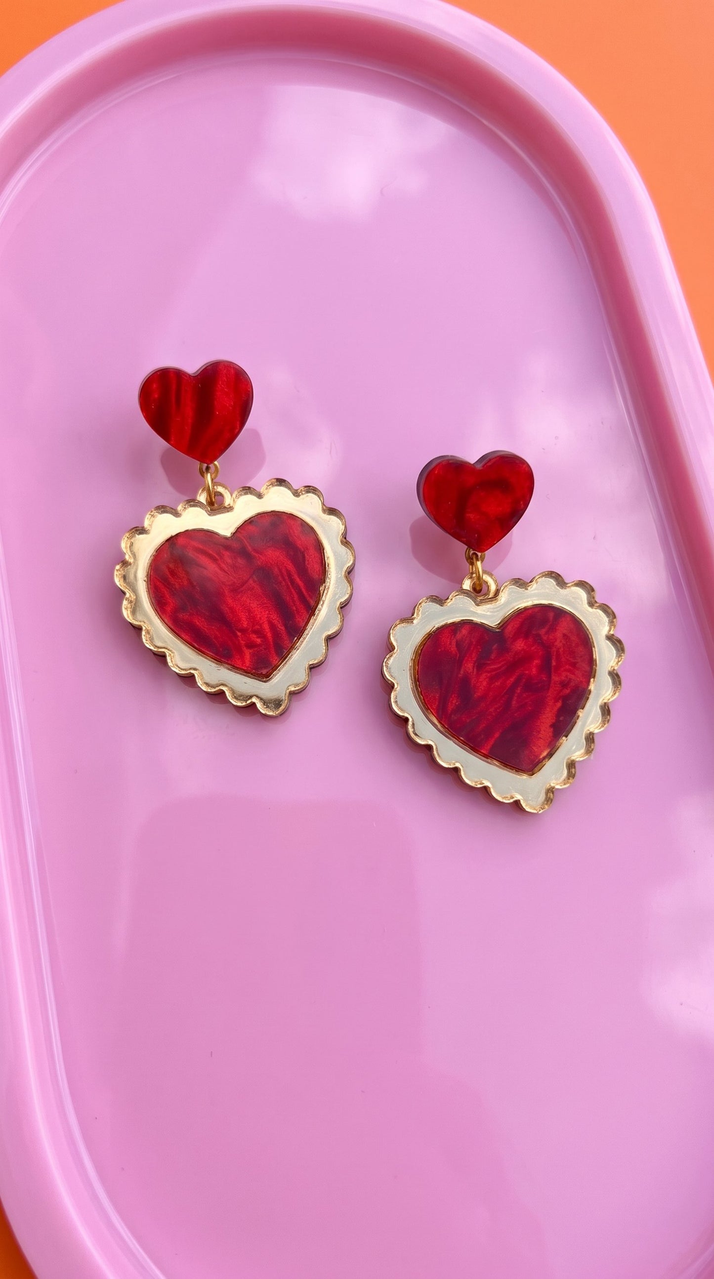 Gold & Red Statement Earrings - Retro Frilly Heart Acrylic Earrings Valentine, Barbiecore Kawaii Sabrina Carpenter Y2K Heart Gifts for Her