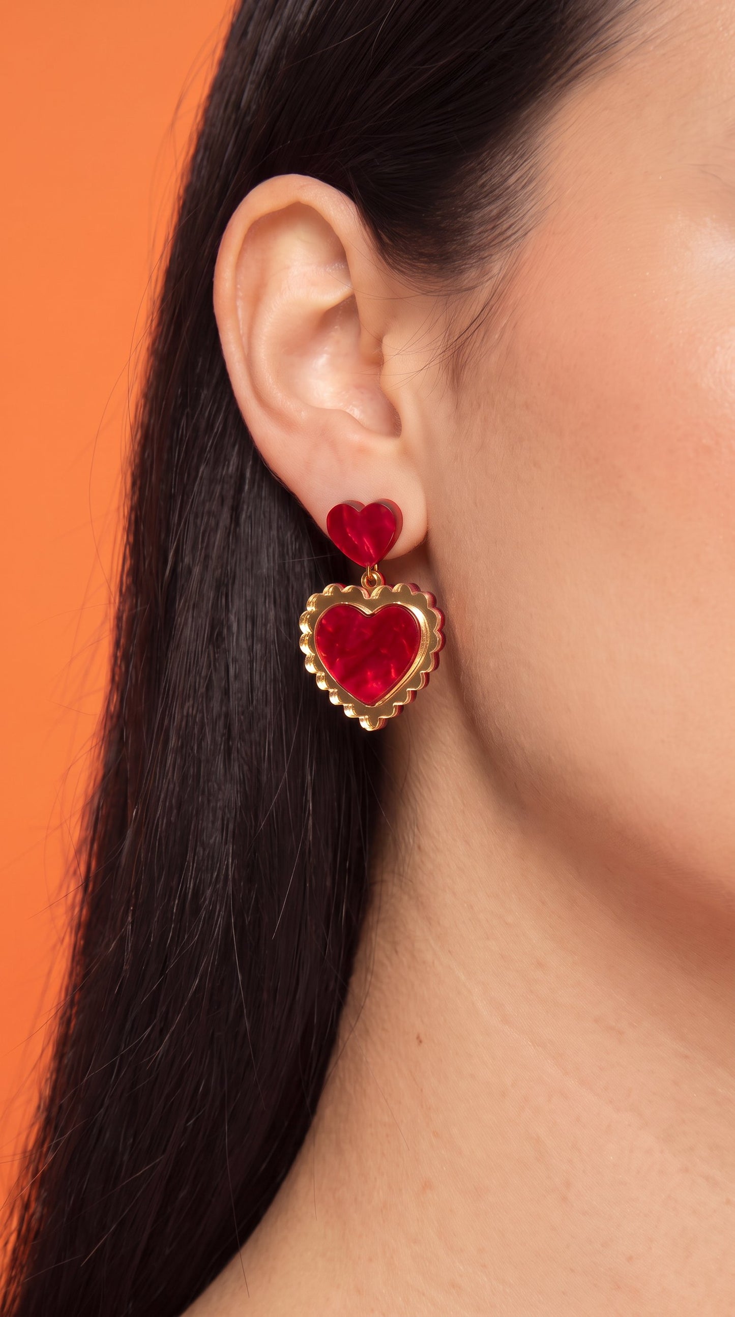 Gold & Red Statement Earrings - Retro Frilly Heart Acrylic Earrings Valentine, Barbiecore Kawaii Sabrina Carpenter Y2K Heart Gifts for Her