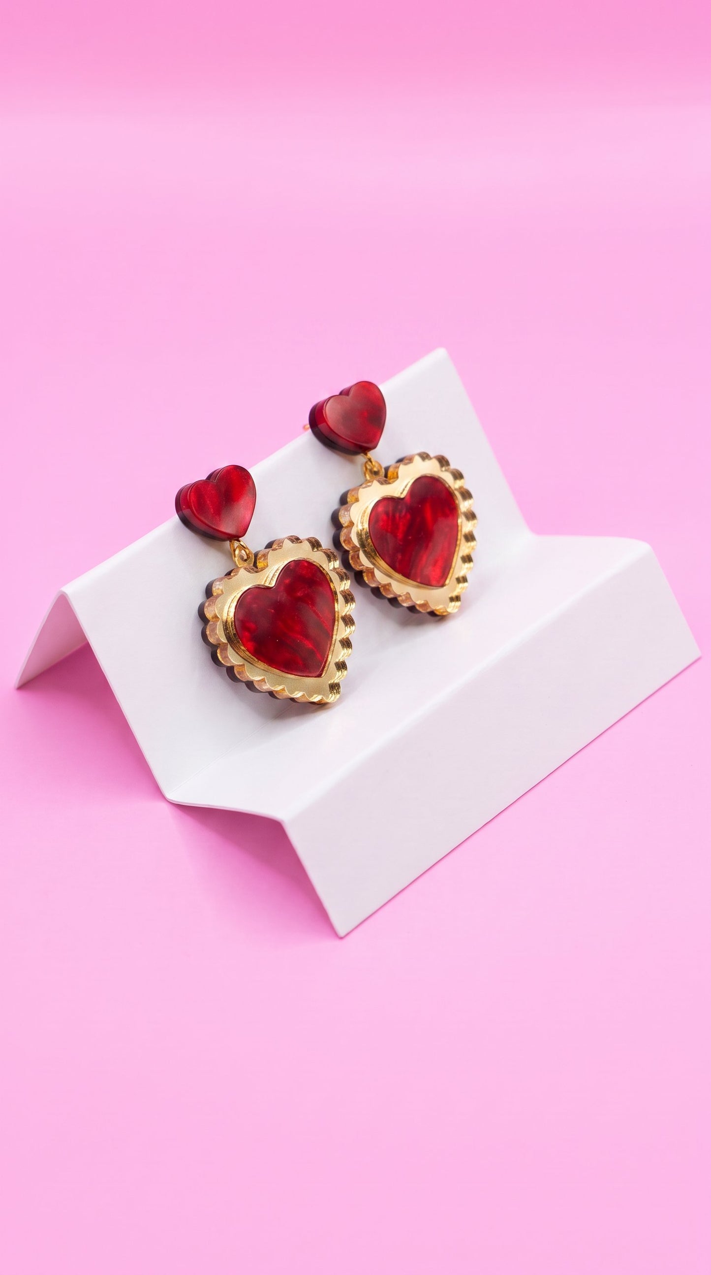 Gold & Red Statement Earrings - Retro Frilly Heart Acrylic Earrings Valentine, Barbiecore Kawaii Sabrina Carpenter Y2K Heart Gifts for Her