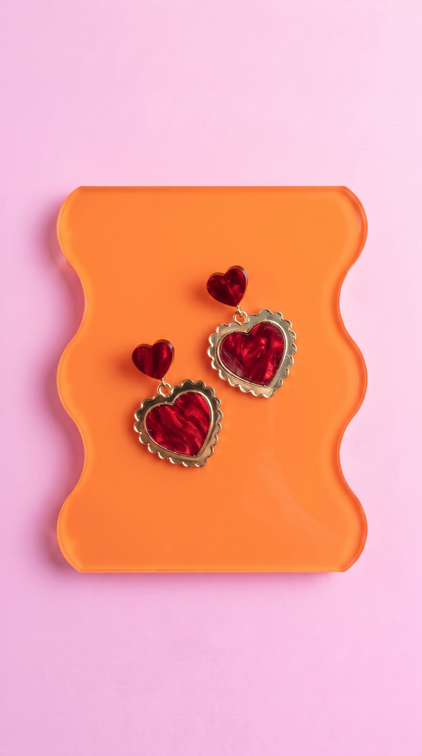 Gold & Red Statement Earrings - Retro Frilly Heart Acrylic Earrings Valentine, Barbiecore Kawaii Sabrina Carpenter Y2K Heart Gifts for Her