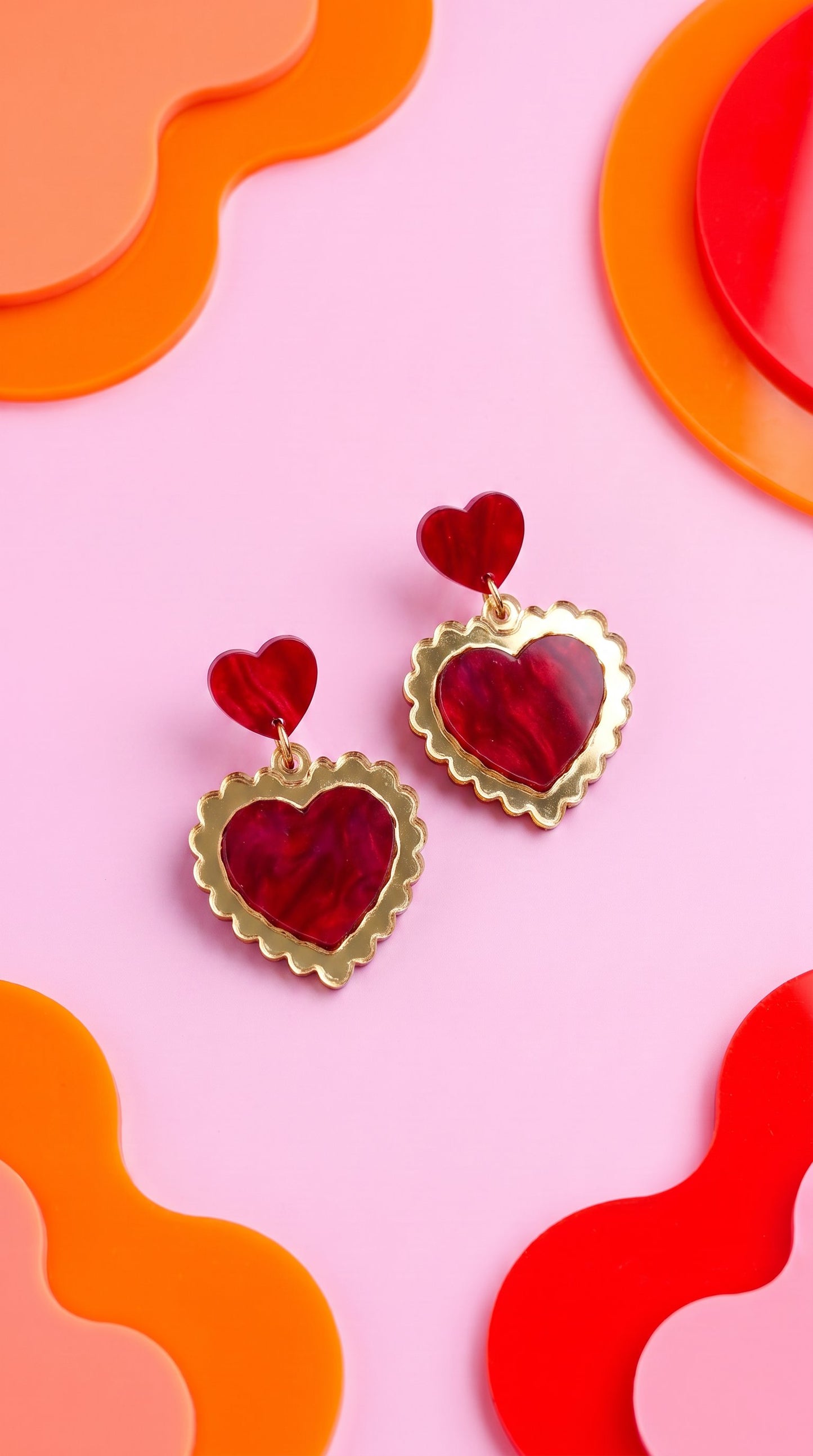Gold & Red Statement Earrings - Retro Frilly Heart Acrylic Earrings Valentine, Barbiecore Kawaii Sabrina Carpenter Y2K Heart Gifts for Her