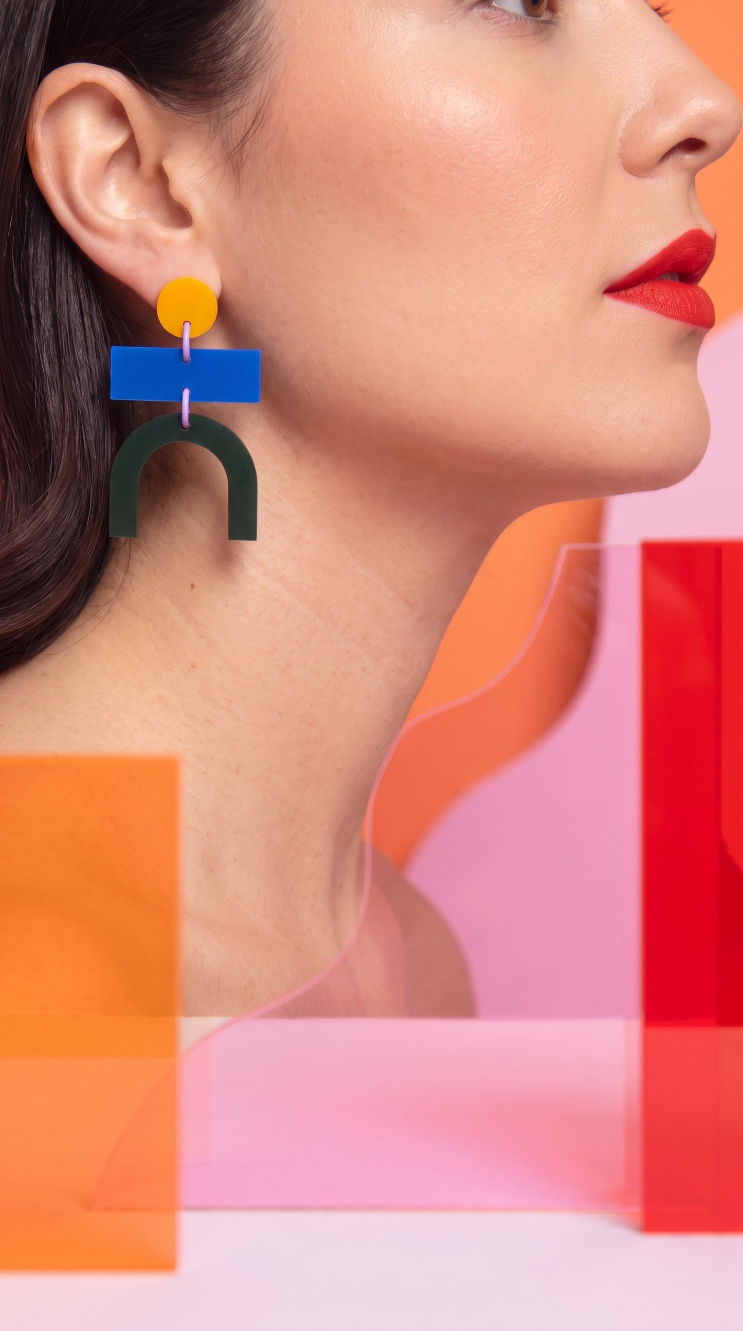 Bauhaus Statement Earrings | Blue, Yellow & Green Geometric Wearable Art