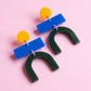 Bauhaus Statement Earrings | Blue, Yellow & Green Geometric Wearable Art