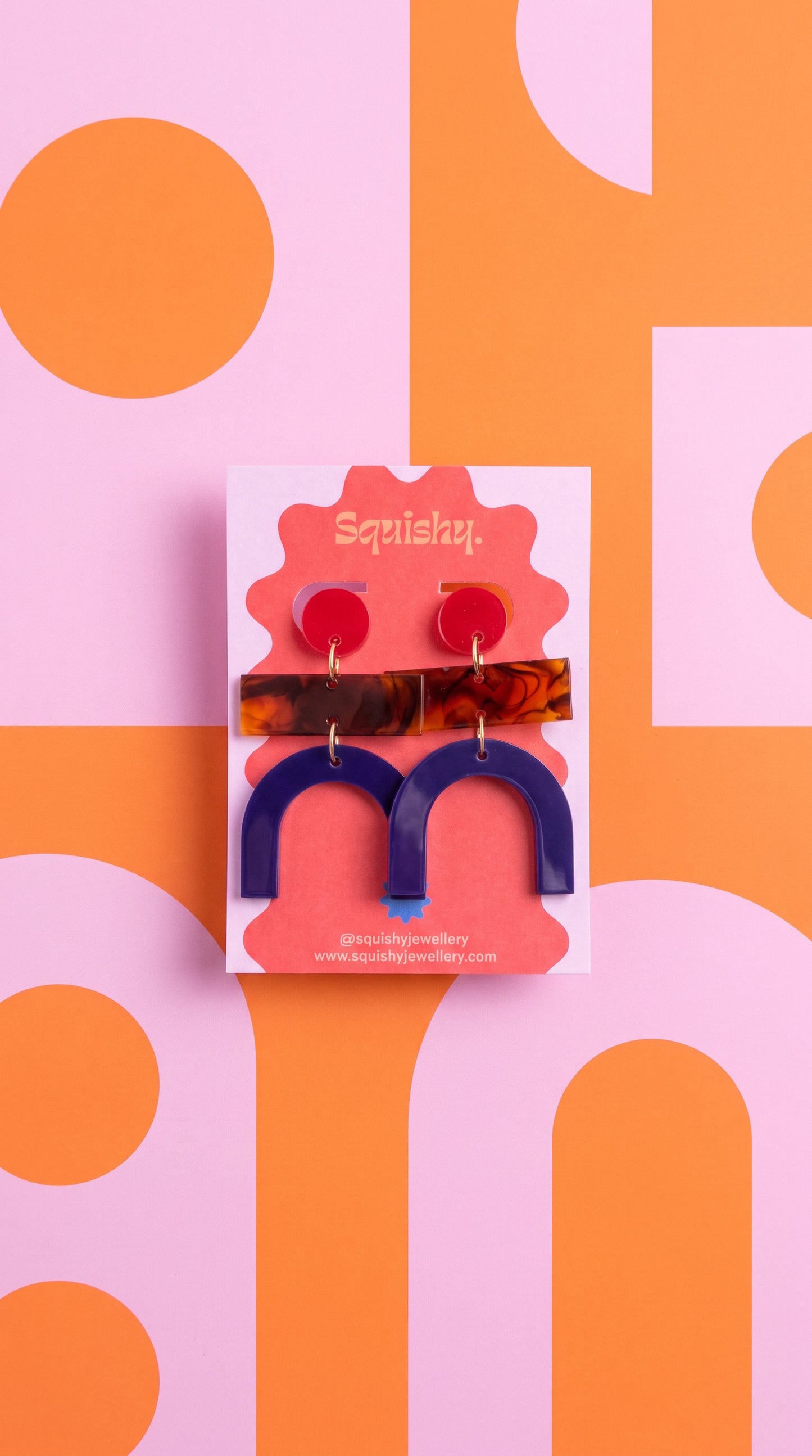 Bauhaus Statement Earrings | Red, Tortoiseshell & Navy Geometric Wearable Art
