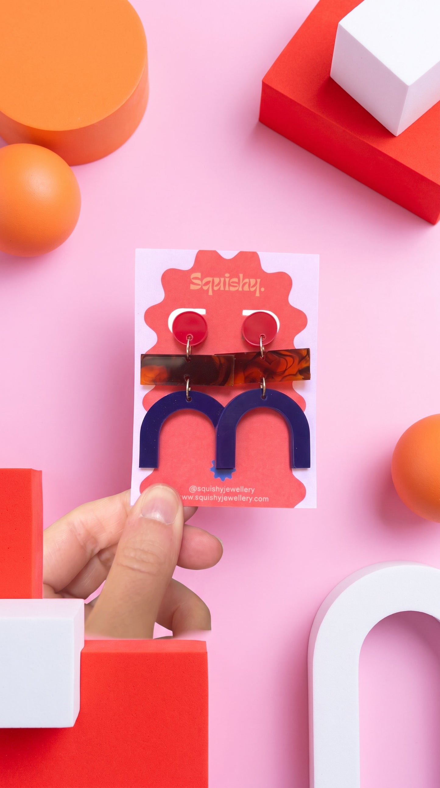 Bauhaus Statement Earrings | Red, Tortoiseshell & Navy Geometric Wearable Art