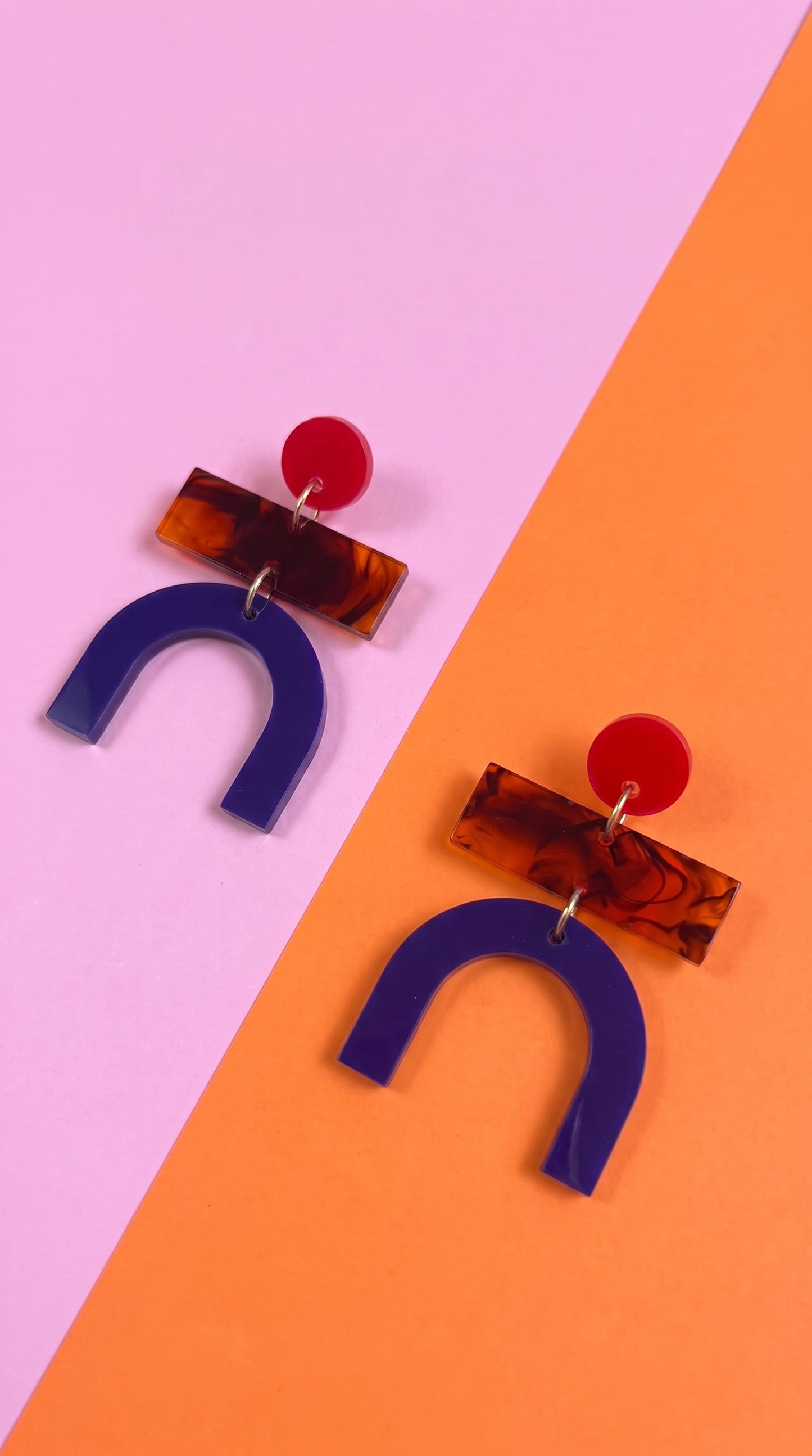 Bauhaus Statement Earrings | Red, Tortoiseshell & Navy Geometric Wearable Art