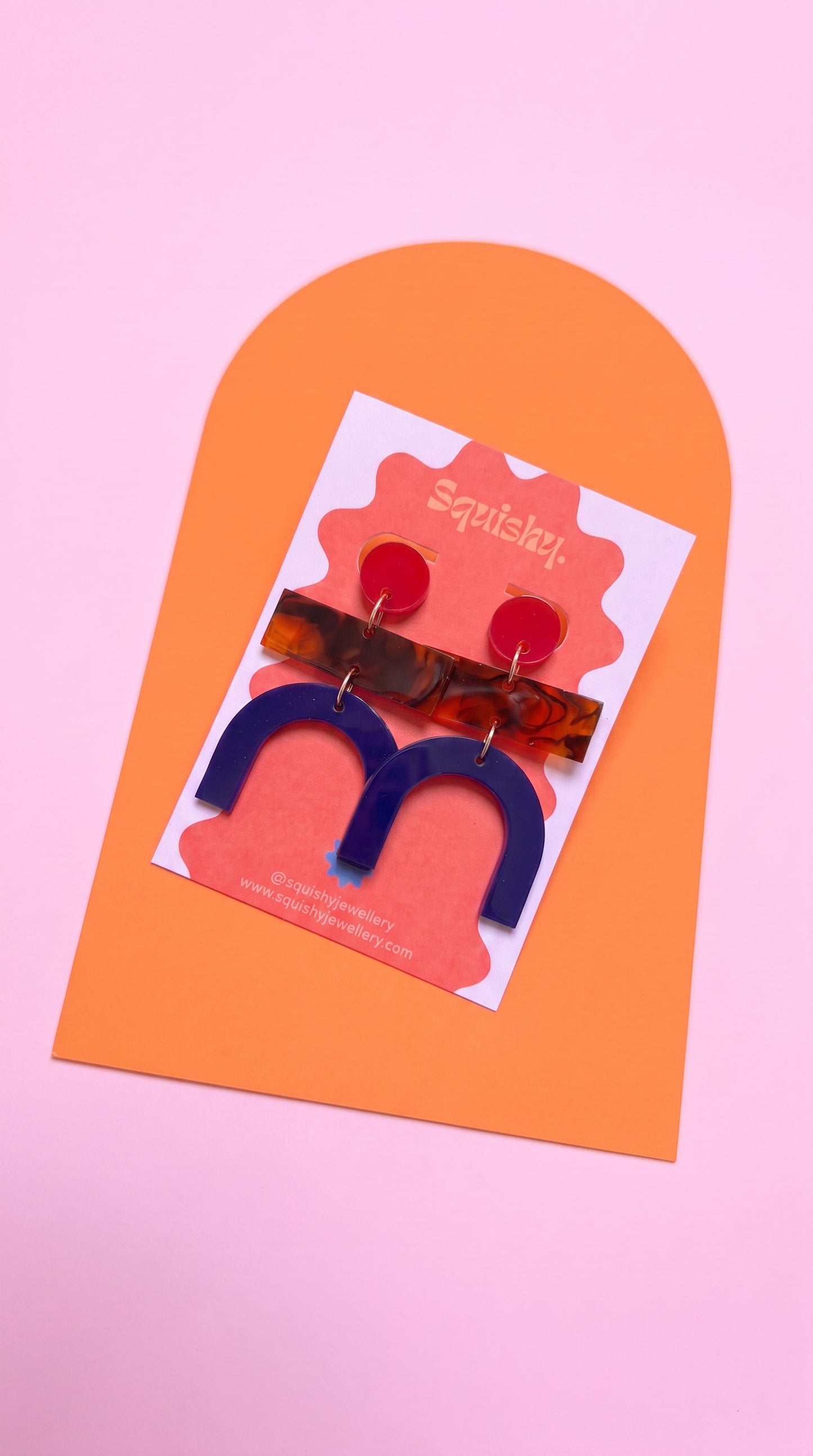 Bauhaus Statement Earrings | Red, Tortoiseshell & Navy Geometric Wearable Art