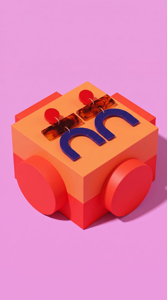Bauhaus Statement Earrings | Red, Tortoiseshell & Navy Geometric Wearable Art