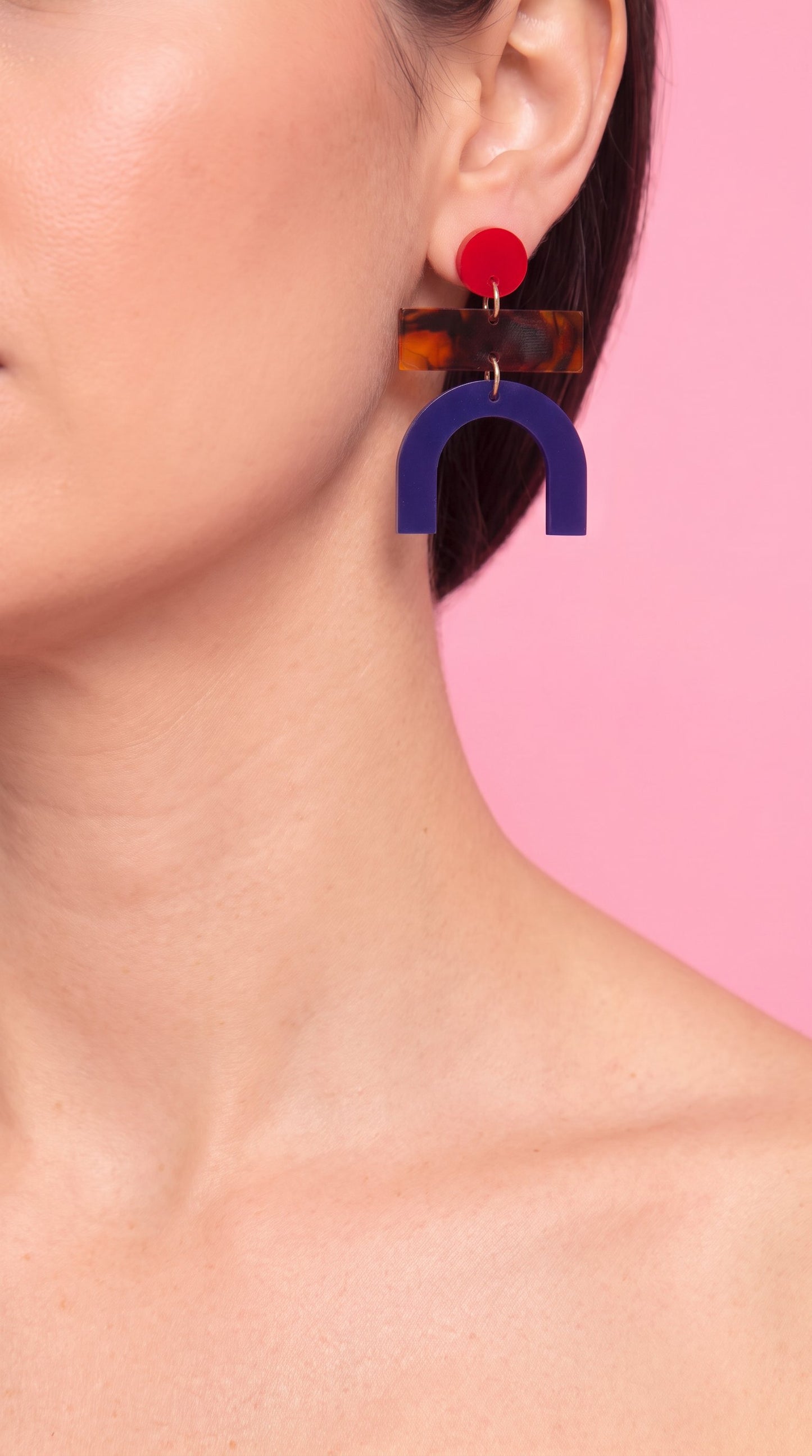 Bauhaus Statement Earrings | Red, Tortoiseshell & Navy Geometric Wearable Art