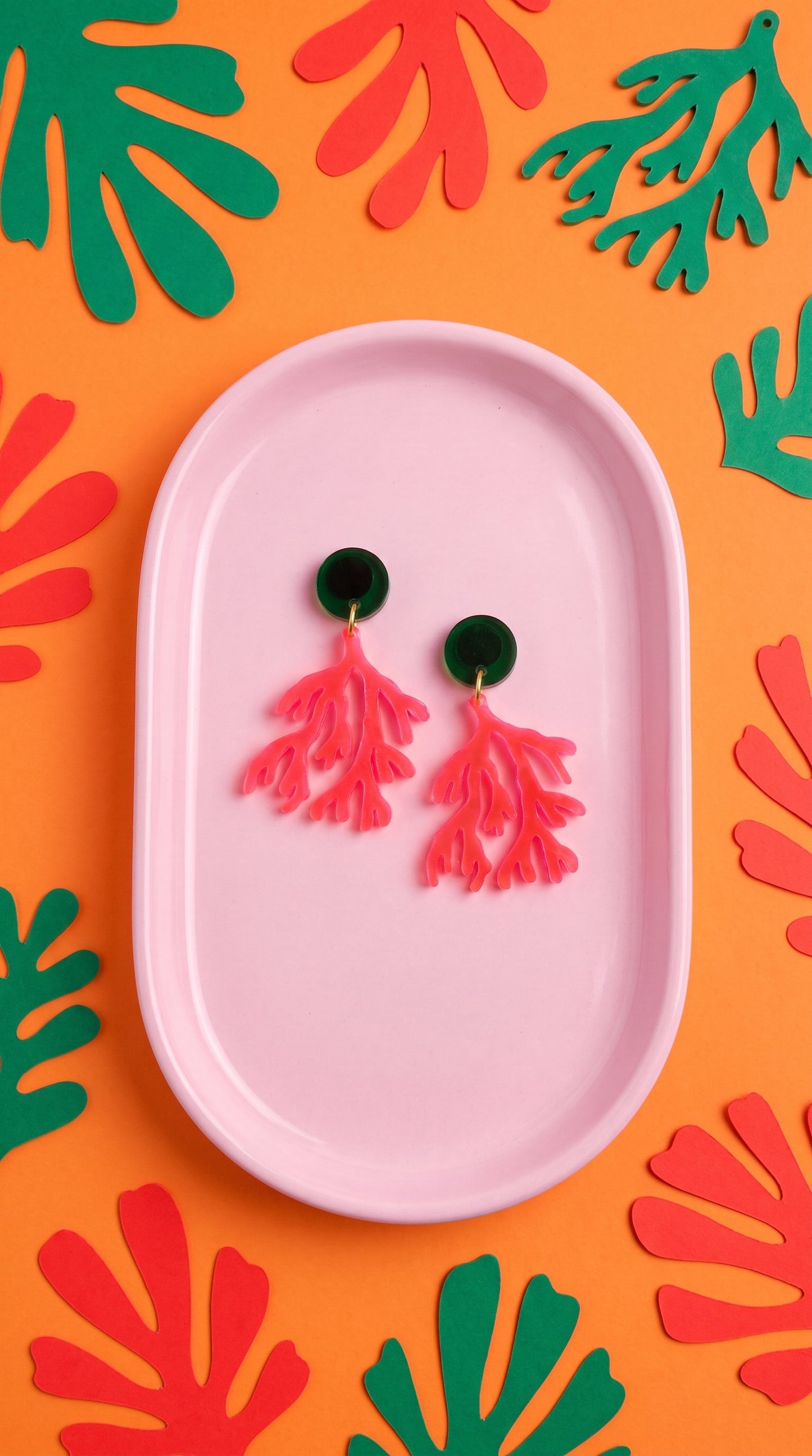 Pink & Green Matisse-Inspired Coral Reef Statement Earrings