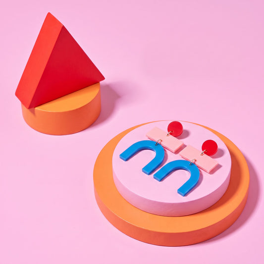 Bauhaus Statement Earrings | Blue, Red & Pink Geometric Wearable Art