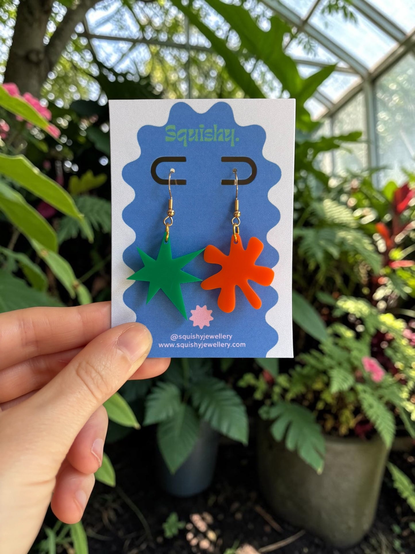 Green and Orange Kiki & Bouba Earrings – Abstract Art Statement Jewellery