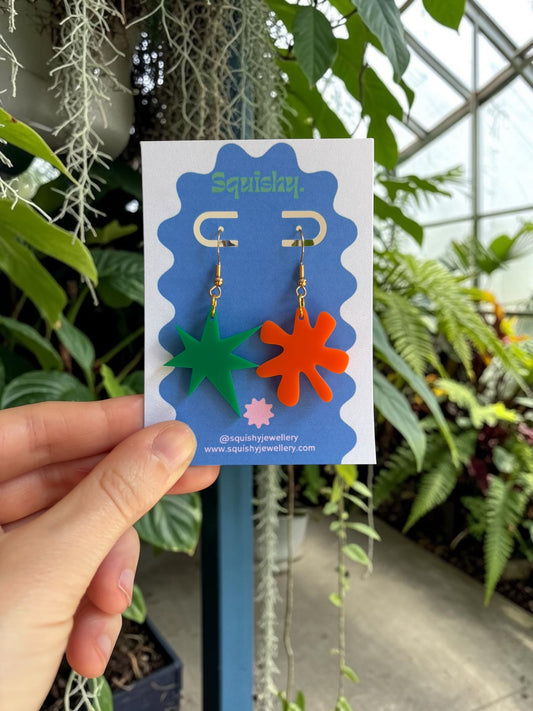 Green and Orange Kiki & Bouba Earrings – Abstract Art Statement Jewellery