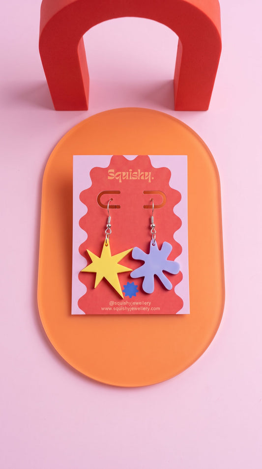 Yellow and Purple Kiki & Bouba Statement Earrings | Wearable Art