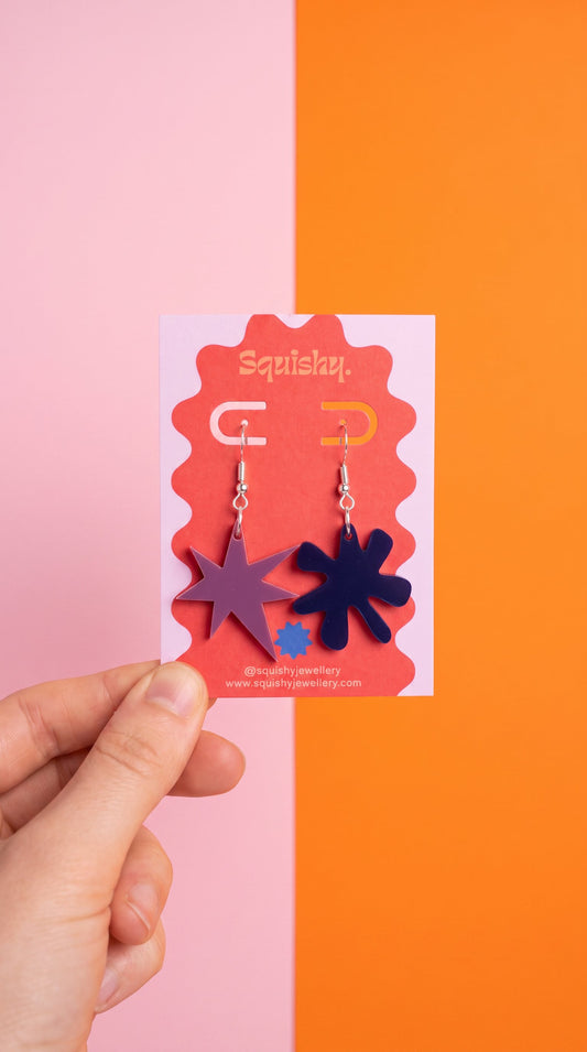 Purple and Navy Kiki & Bouba Statement Earrings | Wearable Art