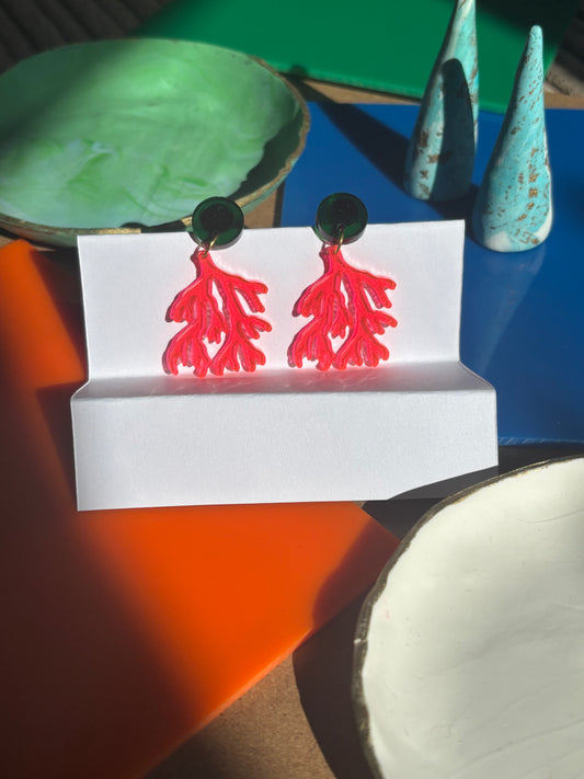 Pink & Green Coral Reef Sheer Acrylic Statement Earrings Bold Statement Jewelry Summer Beach Earrings Nature Inspired Botanical Gift for Her