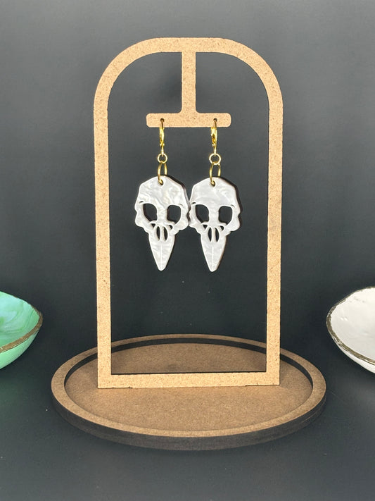 White Pearl Birdskull Earrings Gothic Raven Crow Studs Shimmery Acrylic Occult Witchy Jewellery Dark Academia Accessories Gold Plated Skull