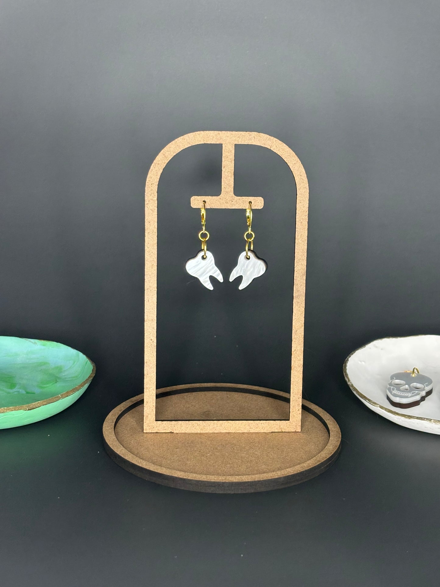 White Tooth Earrings Alternative Acrylic Goth Girls Molar Anatomy Weird Halloween Cute Style | Molar Dangle Earrings with Gold Huggie Hoops