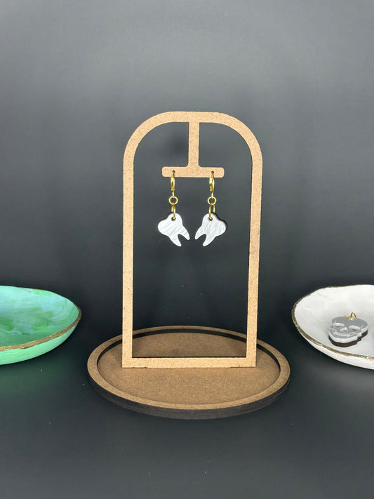 White Tooth Earrings Alternative Acrylic Goth Girls Molar Anatomy Weird Halloween Cute Style | Molar Dangle Earrings with Gold Huggie Hoops