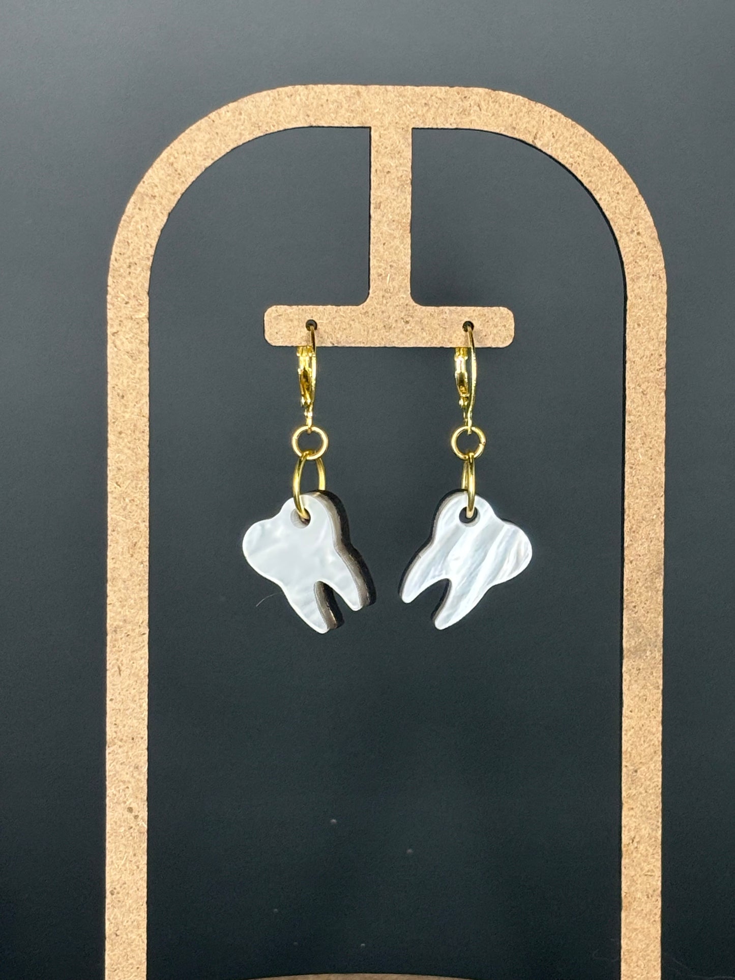 White Tooth Earrings Alternative Acrylic Goth Girls Molar Anatomy Weird Halloween Cute Style | Molar Dangle Earrings with Gold Huggie Hoops