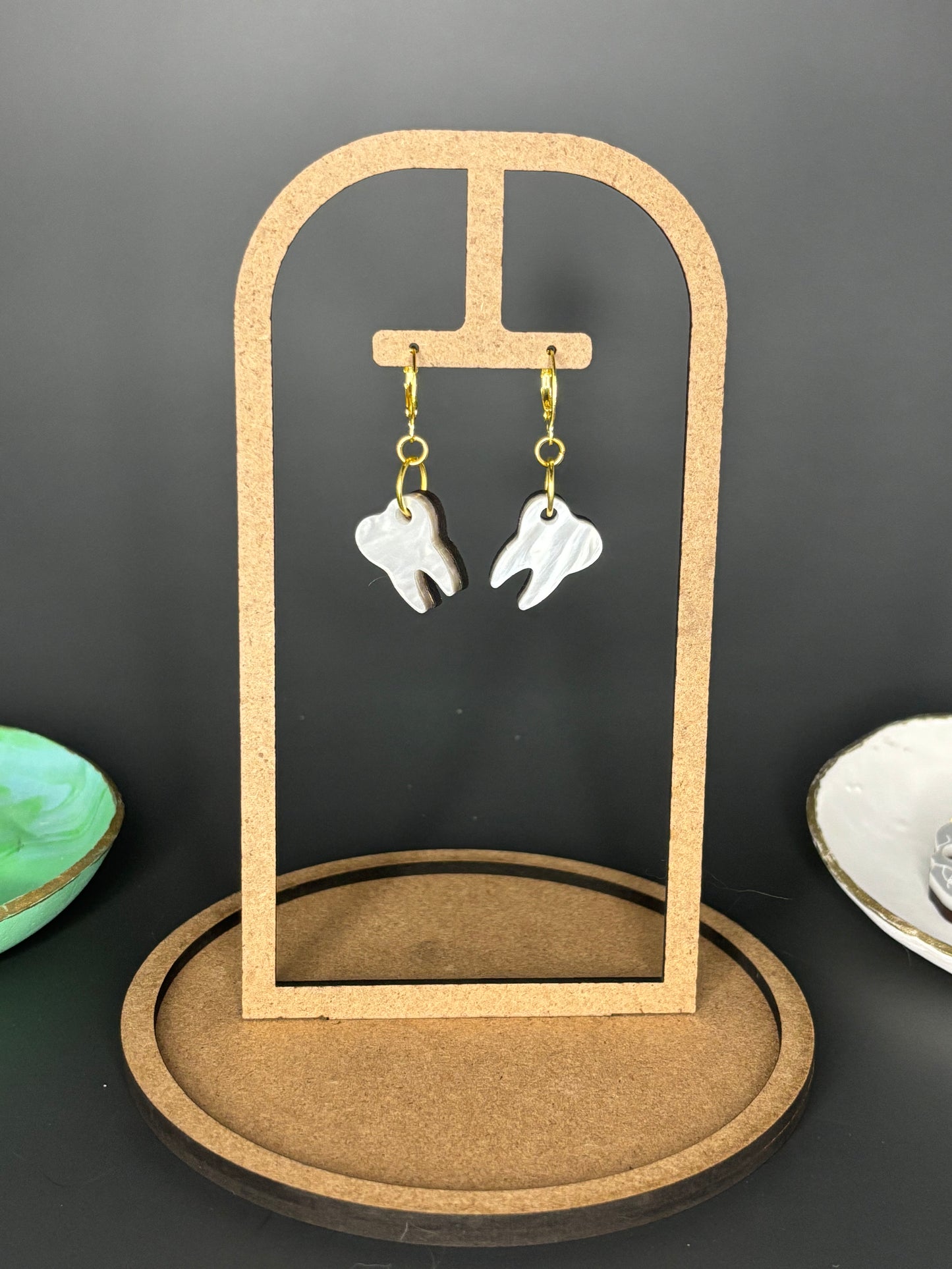 White Tooth Earrings Alternative Acrylic Goth Girls Molar Anatomy Weird Halloween Cute Style | Molar Dangle Earrings with Gold Huggie Hoops