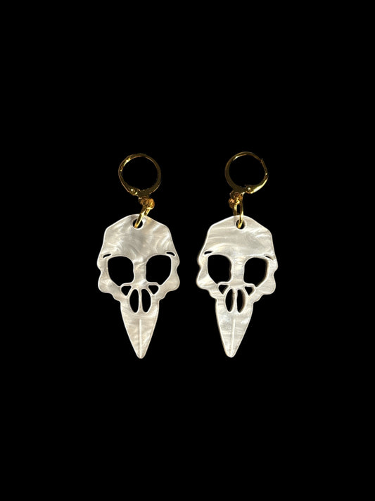White Pearl Birdskull Earrings Gothic Raven Crow Studs Shimmery Acrylic Occult Witchy Jewellery Dark Academia Accessories Gold Plated Skull